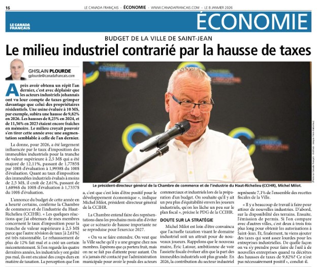 Prise de position CCIHR budget Éric Latour Saint-Jean-sur-Richelieu